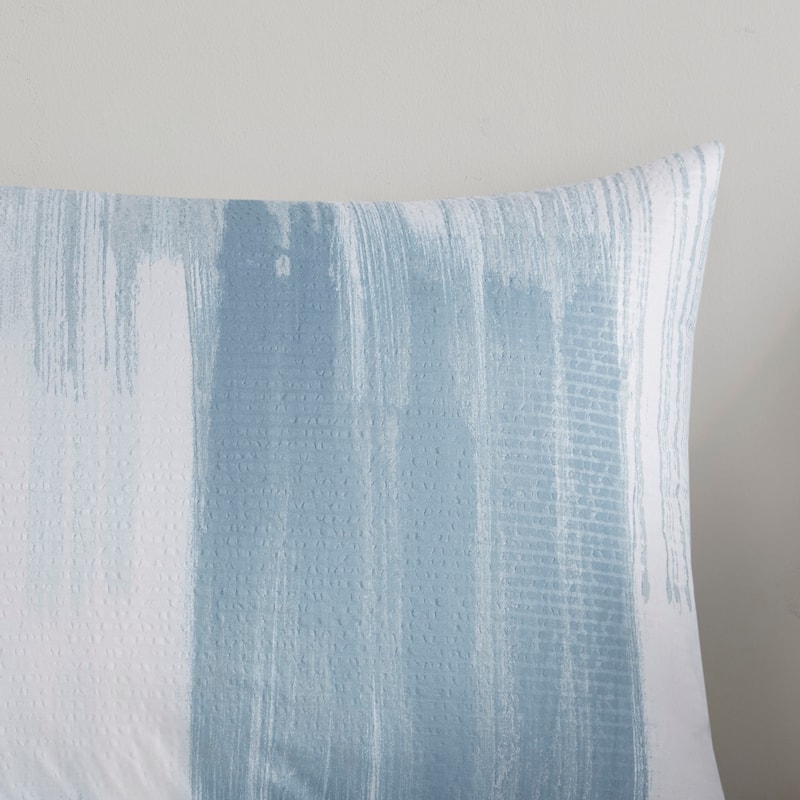 N Natori Brush Stroke Blue 3 Piece Oversized Reversible Seersucker Duvet Cover Mini Set(Insert Excluded)