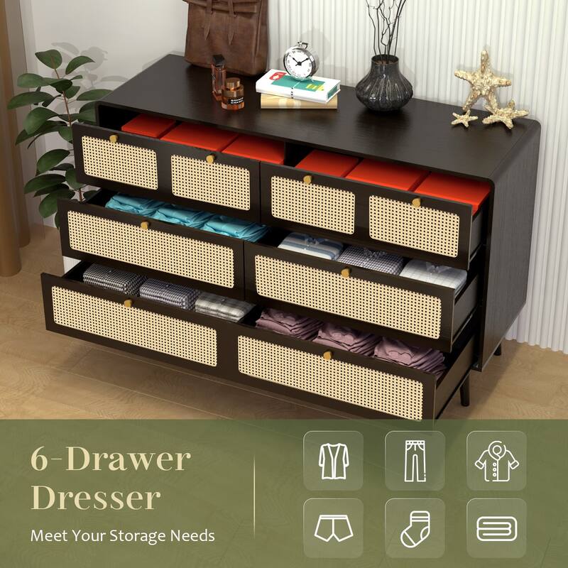Modern Rattan Dresser Chest with Wide Drawers and Metal Handles