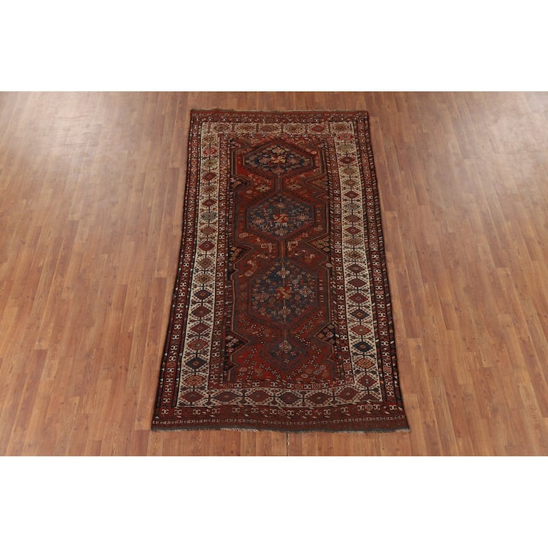 Pre-1900 Antique Vegetable Dye Qashqai Persian Orange Wool Carpet - 4'7" x 8'7"