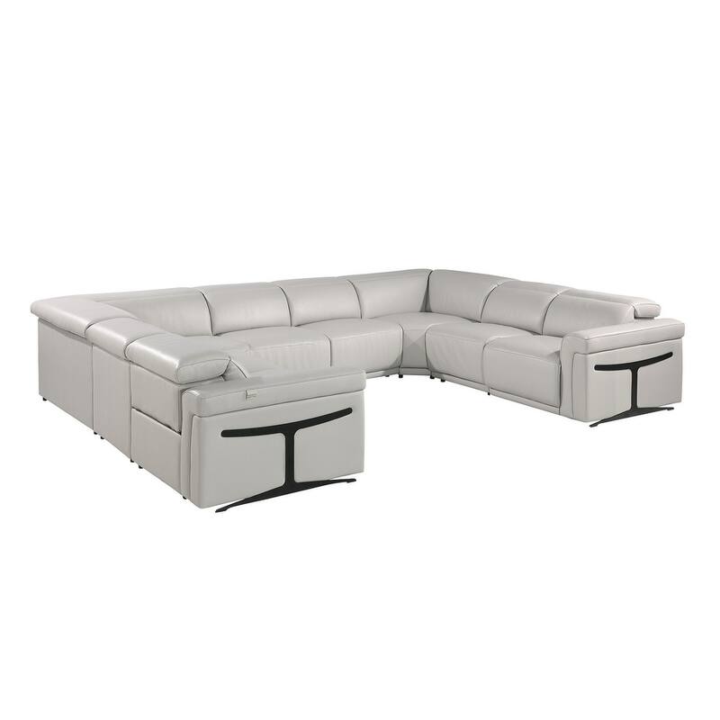 HomeRoots Light Gray Italian Leather Power Reclining U Shaped Eight Piece Corner Sectional With Console