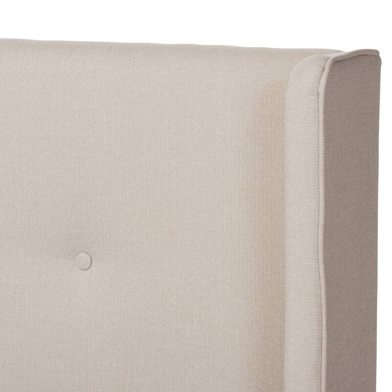 King Size Platform Bed Walnut Wood & Beige Fabric Headboard, Modern Bedroom Furniture