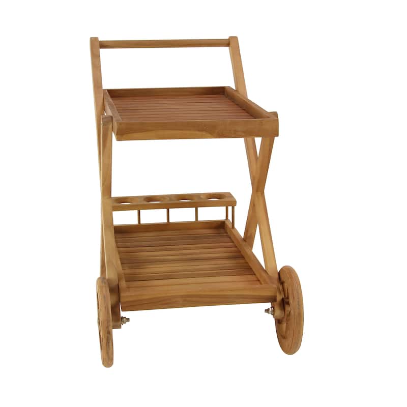 Teak Wood Indoor Outdoor Rolling 2 Shelves Bar Cart with Wheels and Handle - Brown - Roche River Decor - 21"W x 32"L x 32"H