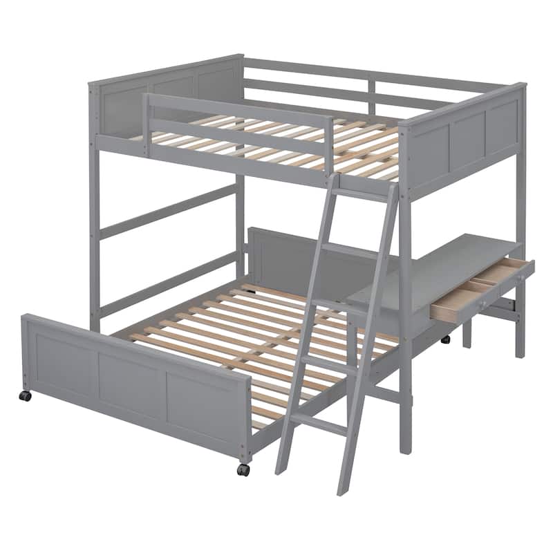 Full Over Full Bunk Bed, Platform Bed with Wheels, Loft Bed with Built-in Desk, Drawers, Ladder and Guardrail for Kids, Teen