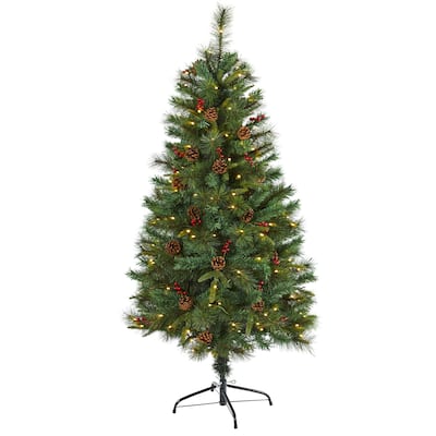 5ft. Mixed Pine Artificial Christmas Tree with 150 Clear LED Lights, Pine Cones & Berries - Natural Holiday X-Mas Tree