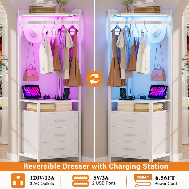 Corner Garment Rack with Power Outlets & LED Lights, Closet Organizer with 3 Fabric Drawers