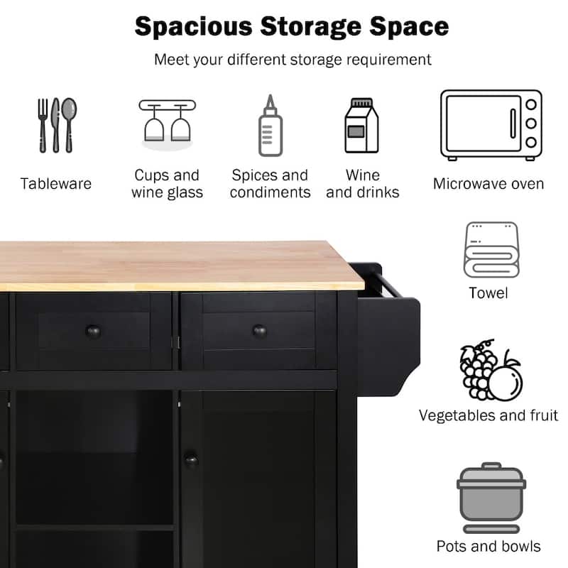 Kitchen Island on 5 Wheels with Storage Cabinet and 3 Drawers
