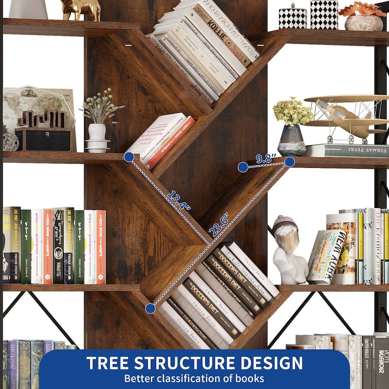 Moasis Wood 5-Tier Large Tree Bookshelf Industrial Open Etagere Bookcase