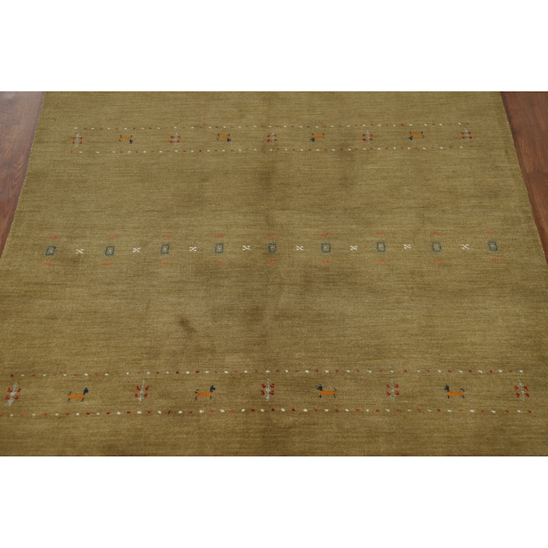 Green Tribal Gabbeh Indian Area Rug Hand-Knotted Oriental Wool Carpet - 5'0" x 7'9"