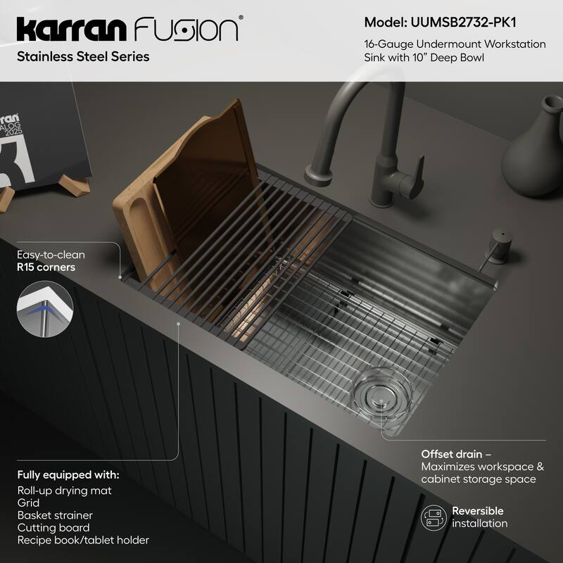Karran Fusion Undermount 27-in x 18-in Stainless Steel Single Bowl Workstation Kitchen Sink