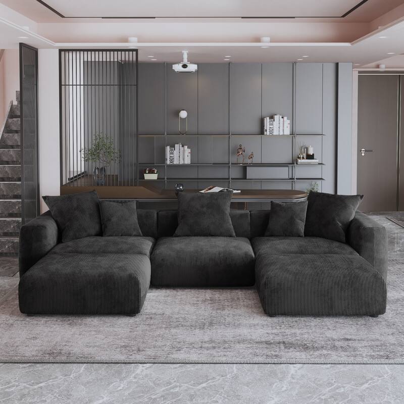 141.73" Modular Sectional Sofa, Corduroy U Shaped Sofa Couch with Ottomans - Black