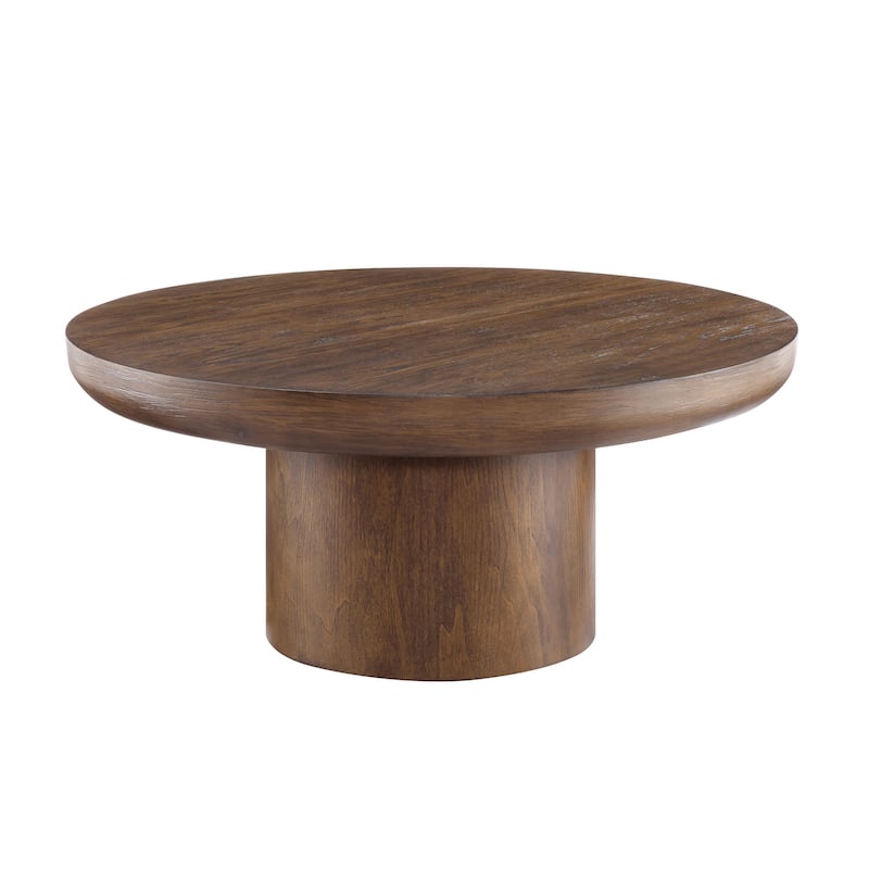 GDF Studio - Caden Modern Wood Veneer Round Coffee Table with Cylindrical Base