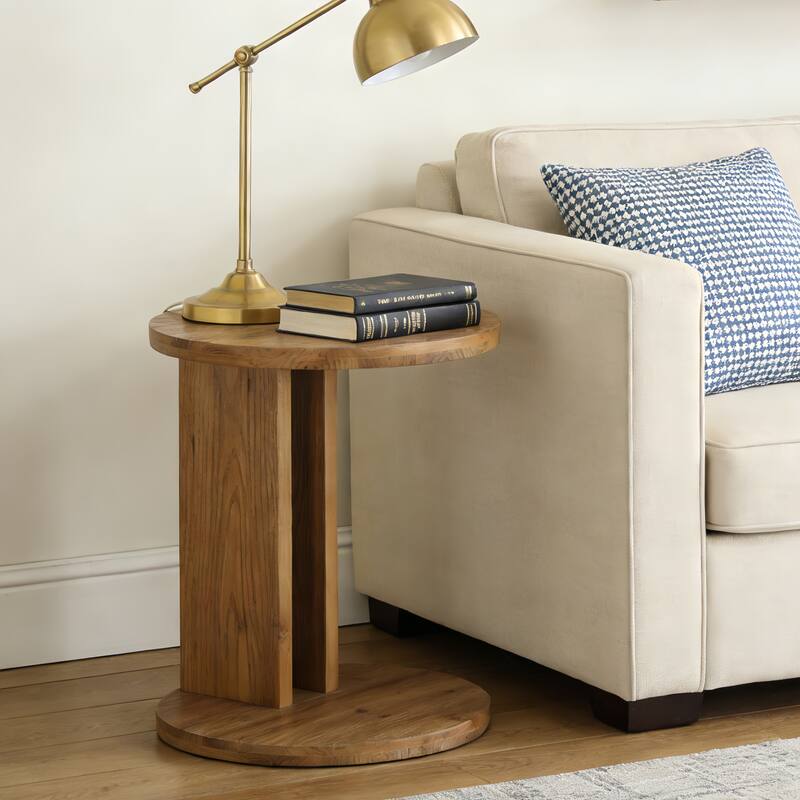 19.68" Round C-Shaped Solid Wood End Table - 1 Pack - Brown