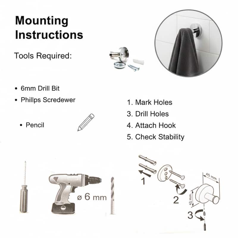 Wall Mount Towel Hook, Single Robe Hook, Polished Stainless Steel - 2H X 1.10W x1.10L