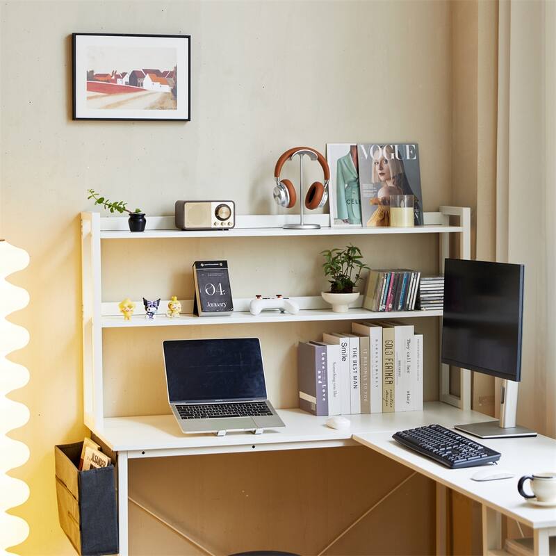 94.5" L Shape Home Office Desk with Storage Shelves and Stool
