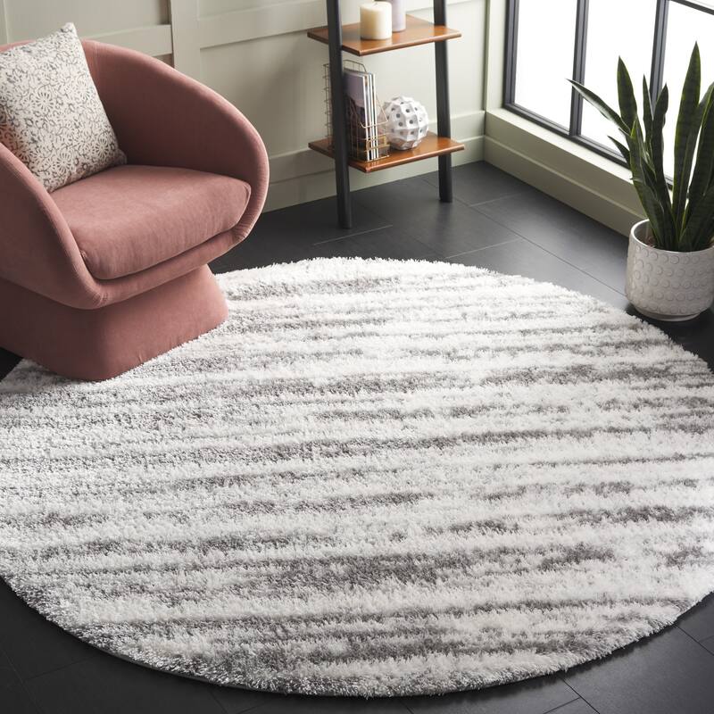 SAFAVIEH Tahoe Inita Shag Modern 1.2-inch Thick Rug - 6'7" Round - Ivory/Dark Grey