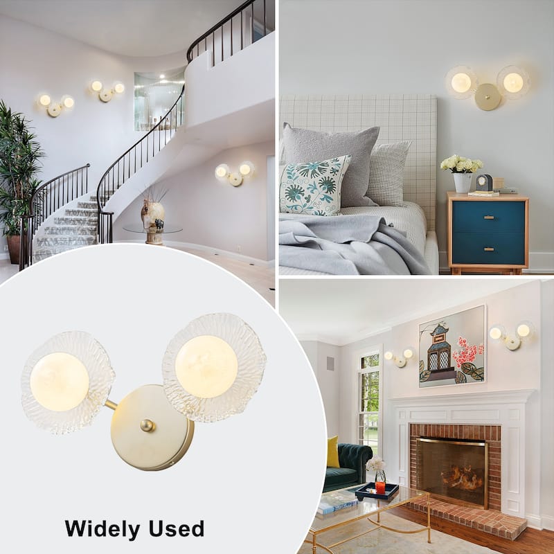 Gold Lotus Leaf Textured Glass Plate Wall Sconce Moon Globe Lampshade