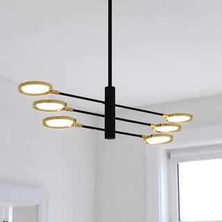 Cullerto 6L Matte Black and Gold Contemporary LED Pendant Light Adjustable Arms - 34.75-in W x 16.5-in H x 34.75-in D