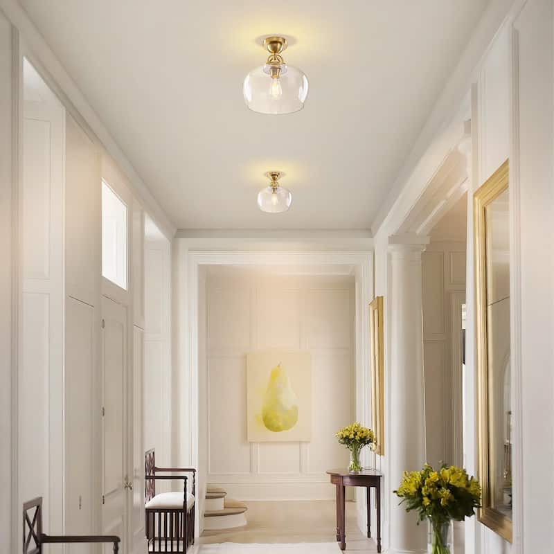 1-Light Modern Metal & Glass Flush Mount with Transparent Open Flat-Ball Shade for Bedroom - 11.8 in. W x 13 in. H