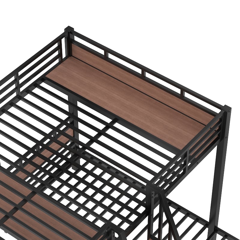 1+2 Sleeping Layout, Triple Bunk Bed for Multi Children with Stairs and Shelf, Queen Over Twin Over Twin Metal Bed Frame