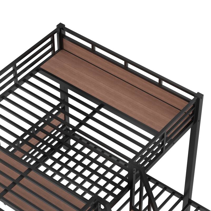 Heavy Duty Metal Bunk Bed Frame, Triple Metal Bunk Bed for 3 with Storage Shelves and Storage Stairs