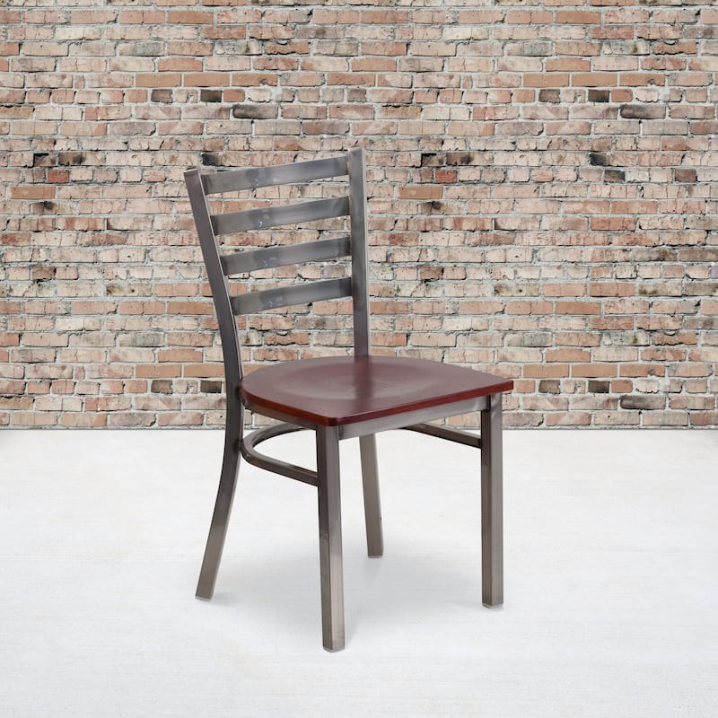Clear Coated Ladder Back Metal Restaurant Chair - 16.5"W x 17"D x 32.25"H - Mahogany Wood Seat/Clear Coated Metal Frame