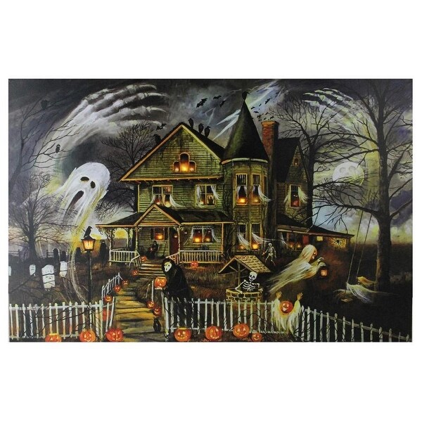 Small LED Lighted Creepy Haunted House Halloween Canvas Wall Art 12" x 15.75" - N/A