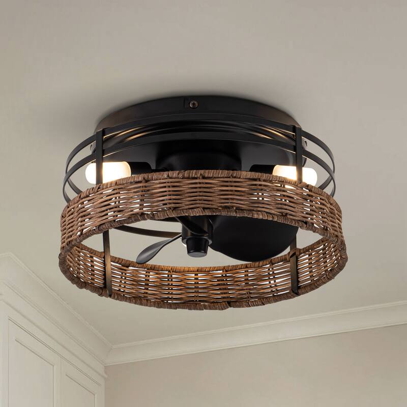 Farmhouse Black 3-Blade Drum Flush Mount Ceiling Fan with Remote and Light - 12.5-in W