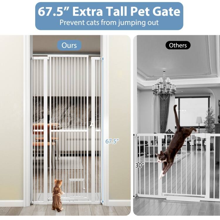 White Galvanized Metal Extra-Tall Adjustable Pet Gate with Safety Lock and Small Door
