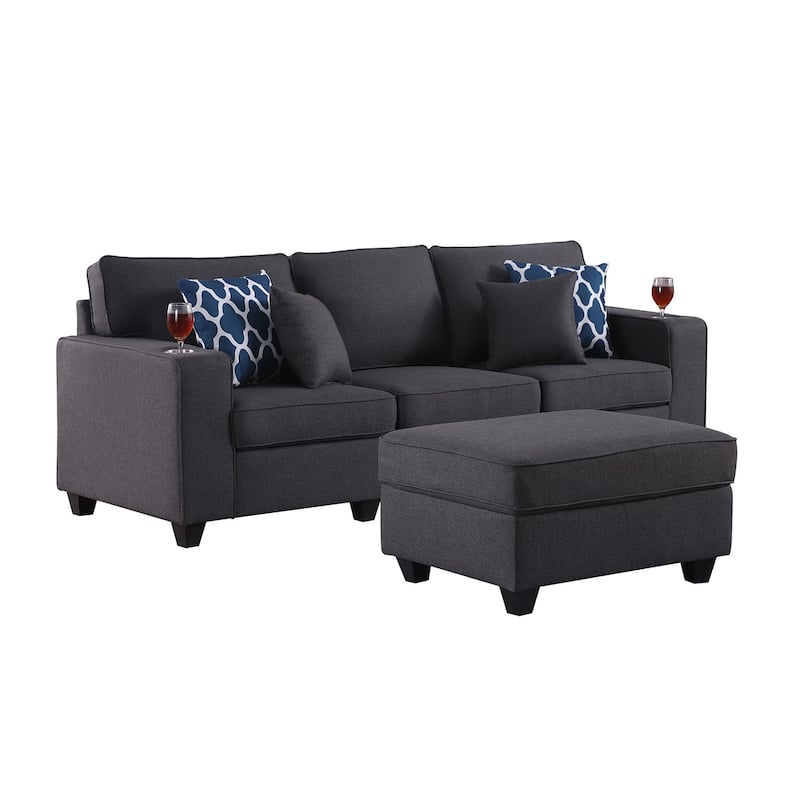 Linen Upholstered Sofa with Ottoman in Dark Gray