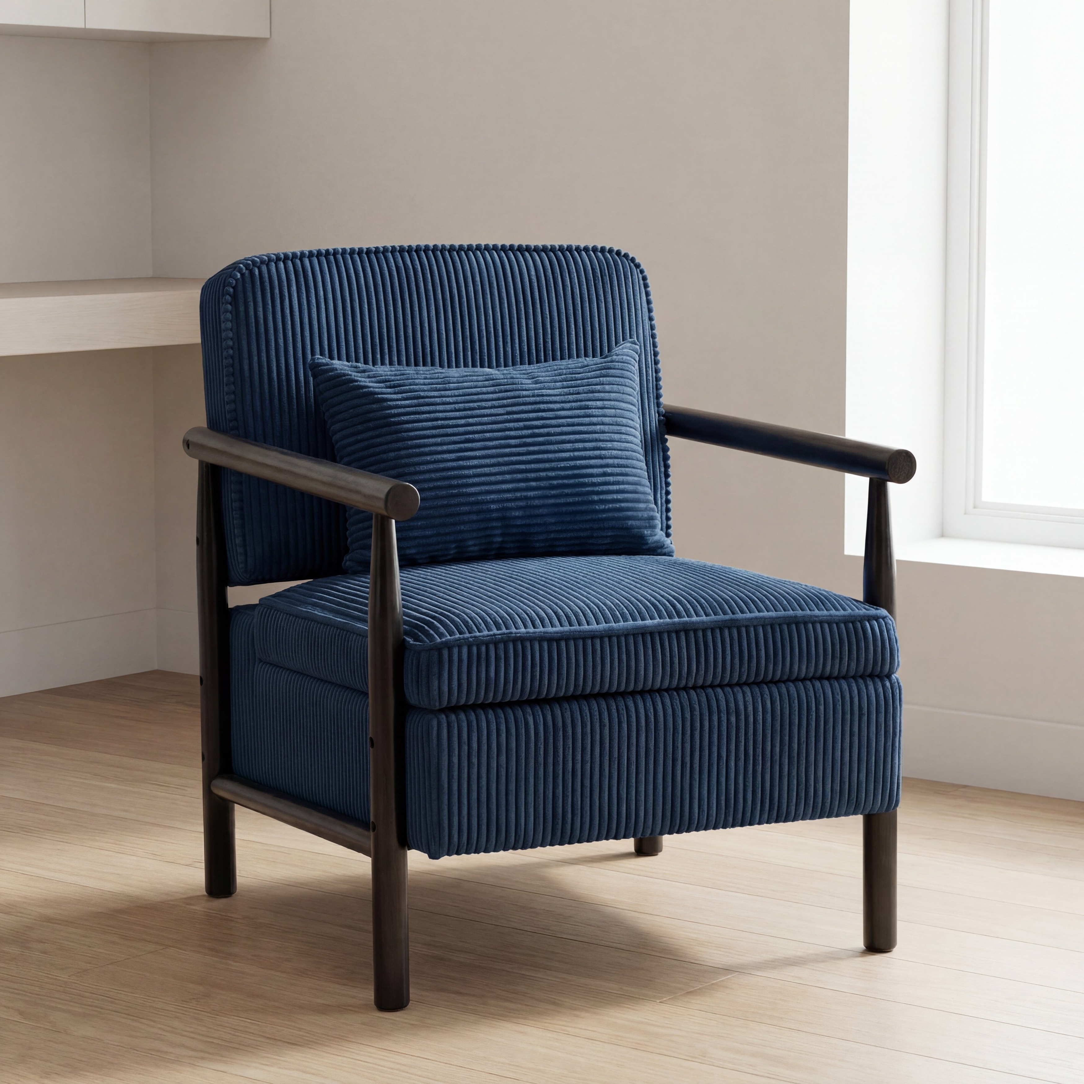 Rustic Storage Chair Accent Chair with Wood Frame, Antique Blue Upholstered Reading Chair Armchair Reception Chair