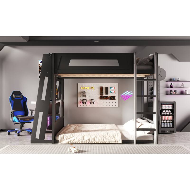 Roomfitters Queen Over Queen Gaming Bunk Bed with Desk, Storage Shelves and LED