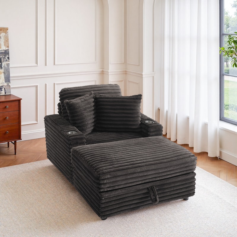 37" W Upholstered Chaise Lounge Accent Chair with Storage Ottoman - Chocolate