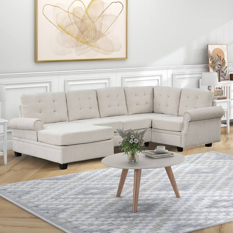 Modern Sectional Sofa U Shaped Upholstered Linen Sectional Couch, Beige