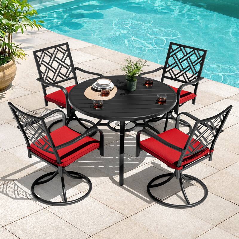 5-Piece Metal Outdoor Dining Set with Umbrella Hole and 4 Swivel Chairs - Geometric Lattice Backrest