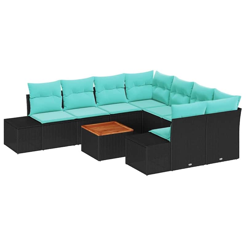 vidaXL 9 Garden Sofa Set with Cushions Black/Grey Poly Rattan - 103.9 x 92.1 x 27.2