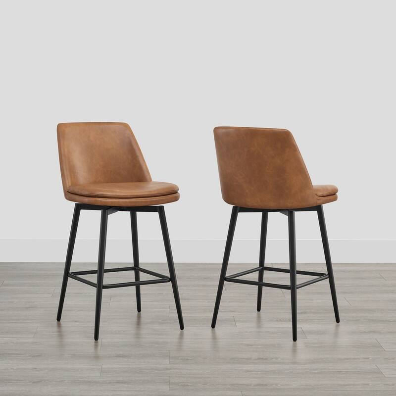 Ariel Counter Height Swivel Barstool Set - Set of 2 - Cognac Faux Leather - Counter Height
