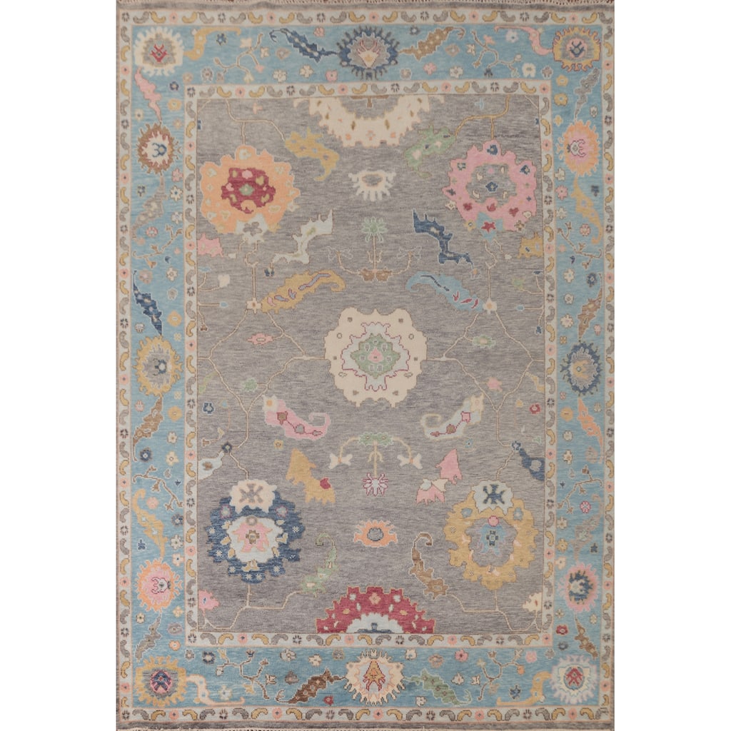 Gray Floral Oushak Area Rug Hand-Knotted Wool Carpet - 8'8"x 11'10"