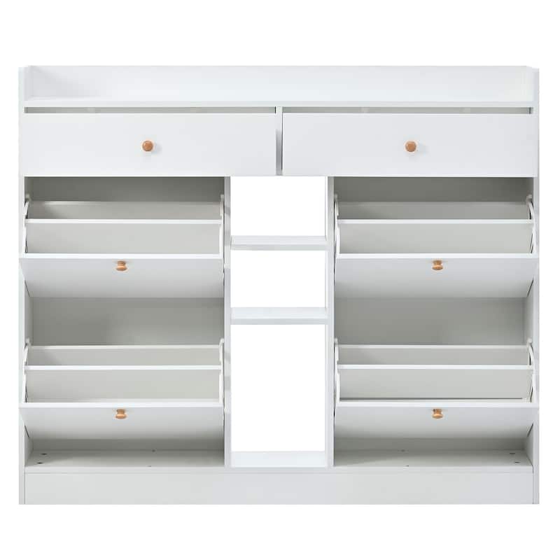 Large Flip Down Shoe Cabinet with Drawers, 2-Tier Wood Shoe Storage Organizer, Entryway Free Standing Narrow Shoe Rack