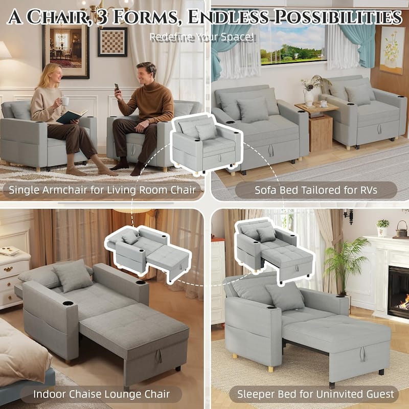 AECOJOY Sleeper Chair Extra Wide Convertible Chair Bed 3-in-1 Pull Out Single Sofa