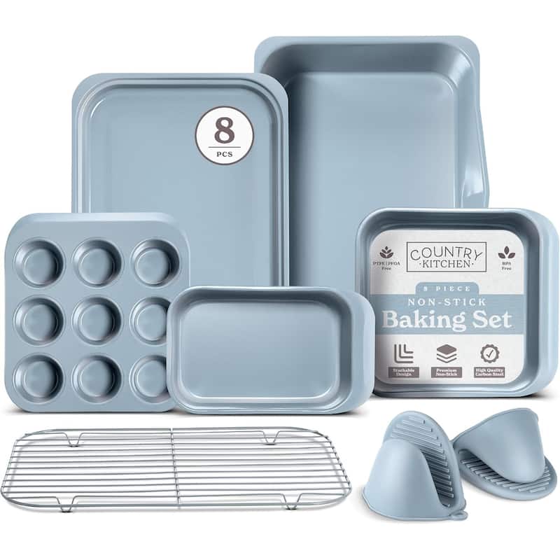 Country Kitchen 8-Piece Bakeware Set, Nonstick Baking Pans & Nesting Baking Sheets, Durable Steel, Grey - Light Blue