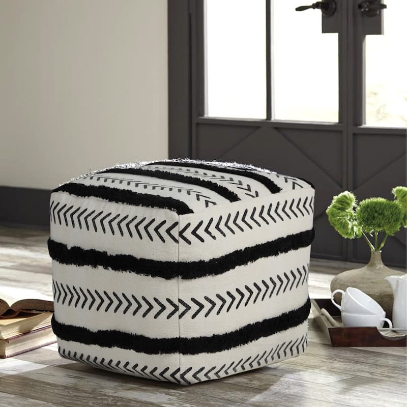 Austin Textured Black/White Chevron Square Pouf Ottoman by Sevita