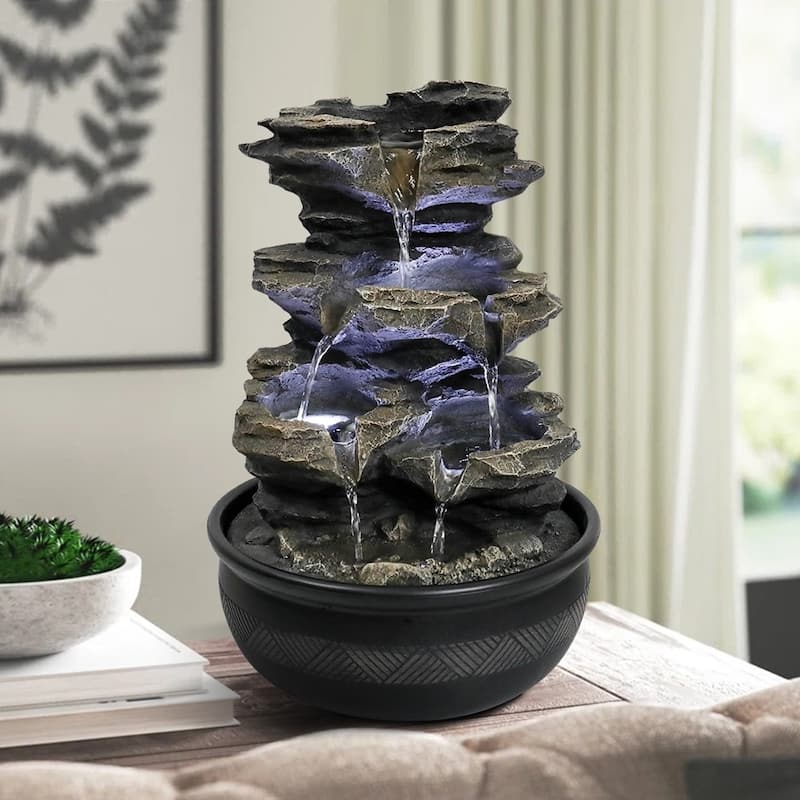 Indoor Tabletop 5-Tier Fountain Waterfall Fountains Stacked Rocks Water Feature Relaxation Desktop Fountain for Home,Office