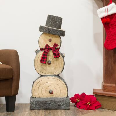 Alpine Corporation 38"H Indoor/Outdoor Christmas Snowman Statue Decoration with Wood Texture - Brown
