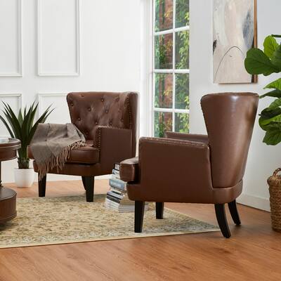 Glitzhome Set of 2 32"H Mid-century PU Armchair Wingback Club Chair