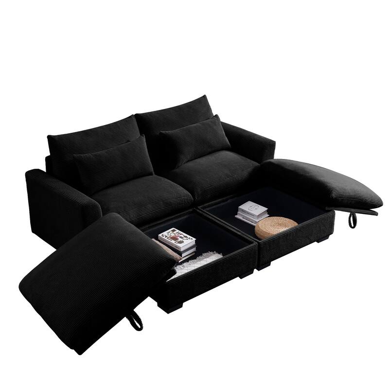 Corduroy Loveseat Sofa Couch with Storage Ottomans, Modern Sectional 2 Seater Sofa with Deep Seat, Pillows for Small Spaces