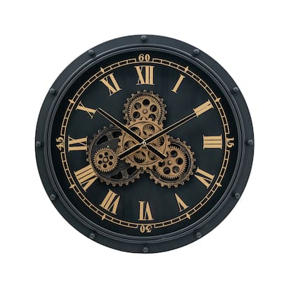Large Roman Numeral and Bolted Gear Wall Clock - 19.75" - Black and Gold