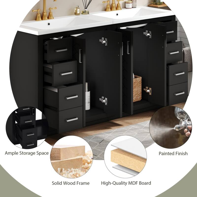 60'' Freestanding Bathroom Vanity Set with White Integrated Ceramic Sink - 60'' x 18.3'' x 34''