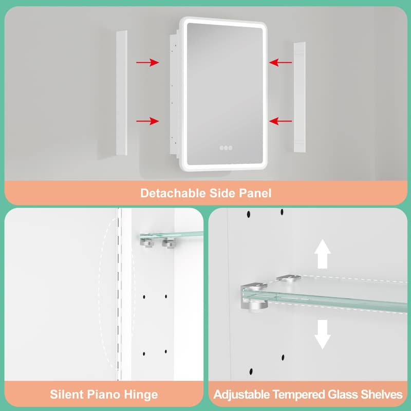 Milo LED Iron Medicine Cabinet with Mirror, Dimmable, Anti-fog, Adjustable Glass Shelves, Recessed or Surface Mount