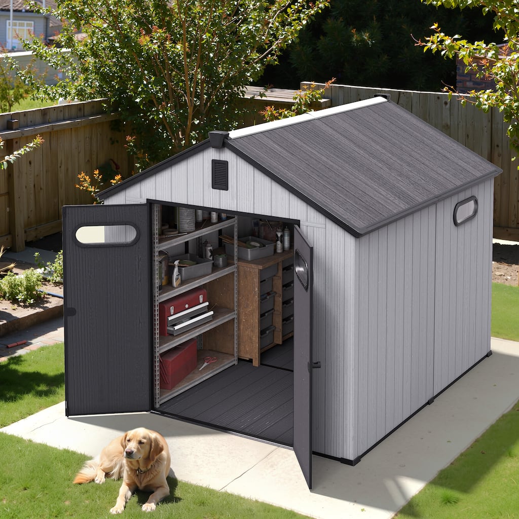 All-Weather Lockable Resin Outdoor Storage Shed with Window Floor for Patio Furniture and Tools