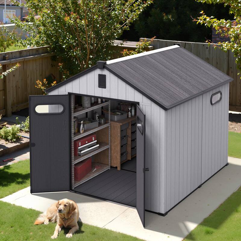 All-Weather Lockable Resin Outdoor Storage Shed with Window Floor for Patio Furniture and Tools